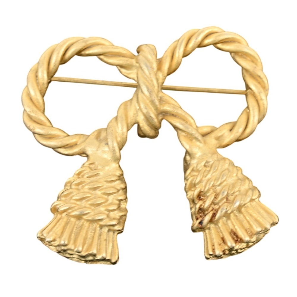 VTG Matte Gold Tone Rope Bow Tassel Brooch Pin 1.75" Statement Granny Jewelry